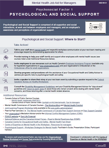Mental Health Job Aid for Managers: Psychosocial Factor 1 - Psychological and Social Support