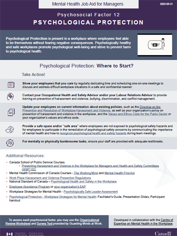 Mental Health Job Aid for Managers: Psychosocial Factor 12 – Psychological Protection