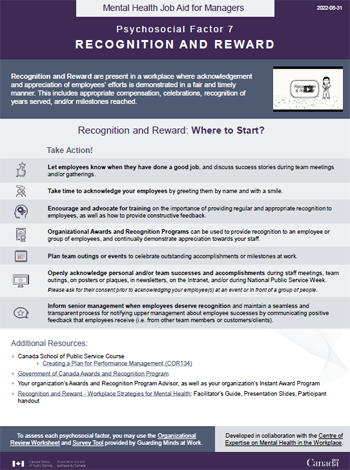 Mental Health Job Aid for Managers: Psychosocial Factor 7 – Recognition and Reward